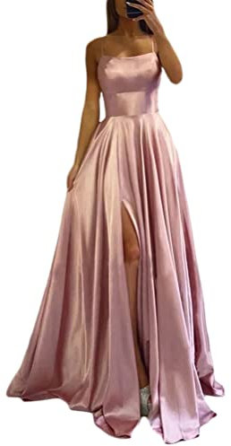 ORANDESIGNE Abito da Cerimonia Donna in Raso Damigella Vestito Lungo Elegante Tinta Unita da Festa Party Balli Matrimoni Cocktail Damigelle d'Onore e Occasioni Festive A Rosa M