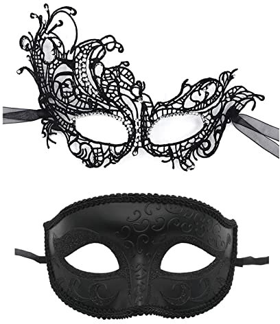 JewelryWe Schmuck 2 Stück Venezianische Maske Paar Spitze Maskerade Maske Augenmaske Spitzenmaske Gesicht Kostüm für Halloween Karneval Party Cosplay Schwarz