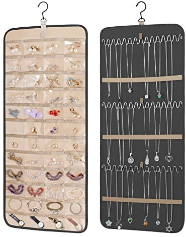 KWQBHW Doppelseitiger Hängeschmuck-Organisator, Wand-Ohrring-Halter mit 48 Taschen und 39 Haken, Schrank-Halsketten-Halter für Ohrring-Armband-Ring-Kette, 83cm (Schwarz L)