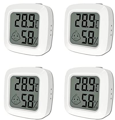 Mini LCD Digitales Thermometer Hygrometer, QeeFop 4 Stück Thermometer Hygrometer Innen, Temperatur und Luftfeuchtigkeitsmessgerät, Raumthermometer mit Smiley-Indikator für Babyzimmer Büro