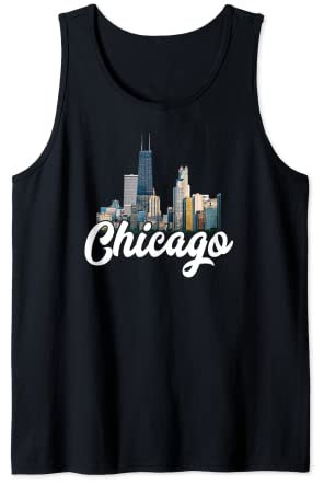 Plato hondo retro con diseño del horizonte de Chicago, Pizza River Camiseta sin Mangas