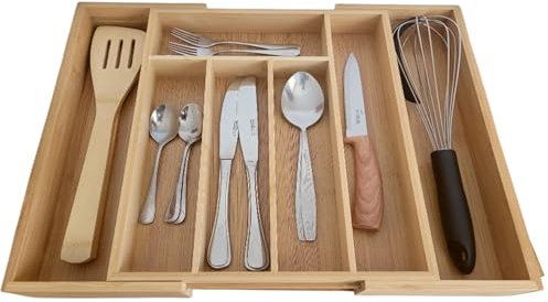 JEMSKAL Besteckkasten für Schubladen aus Bambus – Ausziehbar bis zu 5-7 Fächern – 26x 34x 5 cm / 39 x 34 x 5 cm Nützlicher Besteckeinsatz für Küchen - Schubladeneinsatz für Küchenschubladen (Im Box)
