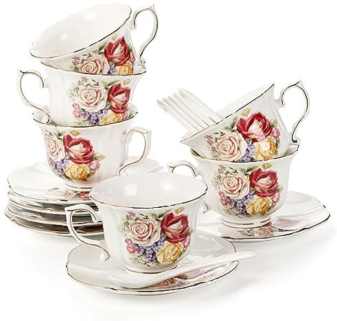 Pumtus 6 Pack Tea Cups and Saucers, 8 OZ Ceramic Coffee Cup Set with Spoon, Royal Floral Teacups with Gold Trim, Vintage Rose Cappuccino Mug for Latte Mocha Espresso for Tea Party, Cafe