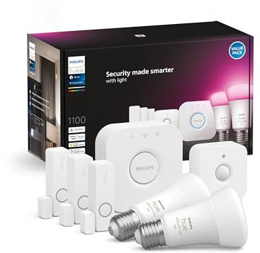 Philips Hue Secure Kit de Inicio con 3 Sensores de Contacto Inteligente para Puertas y Ventanas, Sensor de Movimiento Hue, Bombillas Inteligentes Luz Blanca y de Colores E27, Hue Bridge, Blanco