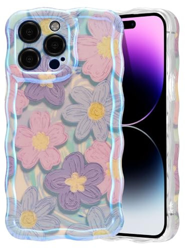 EYZUTAK Case for iPhone 14 Pro, Colorful Retro Oil Painting Flower Laser Glossy Design Cute Curly Wave Edge Exquisite Phone Cover Stylish Durable TPU Protective Case for Girls Women - Pink Purple