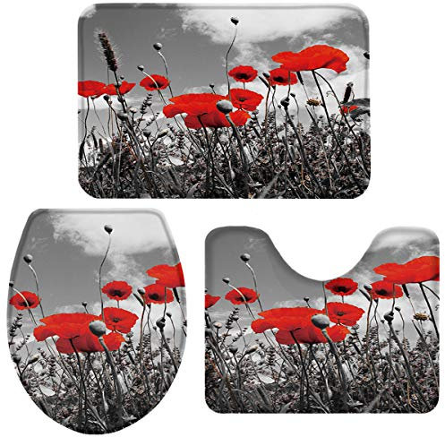 Wc Vorleger Set 3 Teilig Roter Mohn Badteppich-Set 3-Teilig Waschbar Badvorleger Toilettensitz Dreiteiliges rutschfeste 3-Teiliges Badezimmerteppich-Set Für Badezimmer Wc-Deckelbezug