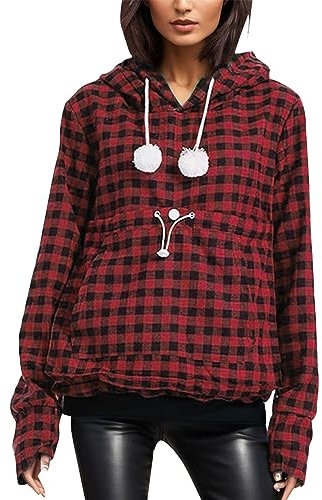 Damen Fleece Pullover Kapuzenpullover mit Katzen Hund Tasche Hundetasche Katze Pulli Sweatshirt Hoodie Kapuze Katzenpulli Beutel Langarm Herbst Winter Große Größen Hoodie mit Große Tasche