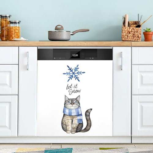 Grey Cat Winter Scarf Dishwasher Magnet Covers Clean Dirty Covers for Dishwashers Cabinet Kitchen Appliance Sticker Decor 23 x 26 Inch