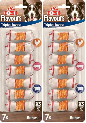 8in1 Triple Flavour Knochen XS - leckere Hundeknochen mit Hähnchenfilet, Schweine- und Rinderhaut, 7 Stück (Packung mit 2)