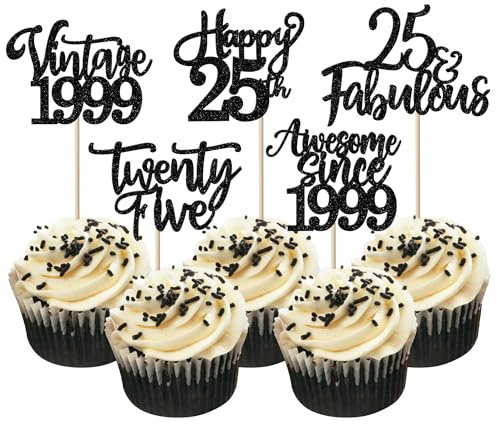 SYKYCTCY 30 Pack Vintage 2000 Cupcake Toppers Glitter Happy 25th Twenty-five Awesome Since 2000 Cupcake Picks 25 Fabulous Cake Decorations for 25th Birthday Wedding Anniversary Party Supplies Black