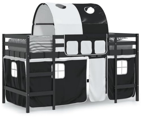 vidaXL Kinderhochbett, Hochbett mit Tunnel Vorhängen, Spielbett Bett für Kinder ab 6 Jahren, Kinderbett Etagenbett Stockbett, Weiß Schwarz 90x200cm Kiefernholz