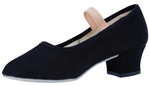 flexdans Canvas Charakterschuhe für Damen, 4cm Tanzschuhe Schwarz Charakter Schuhe mit Niedrigem Absatz Character Shoes 39