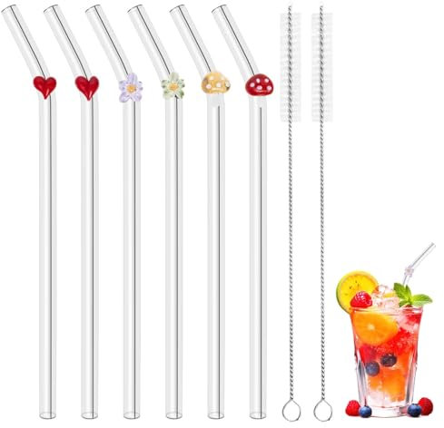 Glass Straws Reusable, 6 PCS Shatter Resistant Reusable Straw with 2 Cleaning Brushes, Eco Friendly Bent Straws Reusable Glass Straws Drinking for Smoothies Milkshake and Cocktail (20cm)