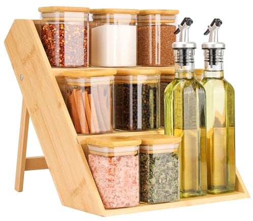 Belle Vous Porte-épices à 3 Niveaux avec 8 Pots à Épices en Verre et 2 Bouteilles Distributrices d’Huile - Etagere de Rangement de Pot a Epices en Bois pour les Condiments de Cuisine