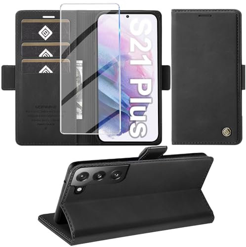 Giyer Handyhülle für Samsung Galaxy S21 Plus Hülle mit Schutzfolie, Schutzhülle Galaxy S21 Plus PU Leder Wallet Flip Case Standfunktion Kartenfach Klapphülle für Samsung S21 Plus Full Cover (Schwarz)