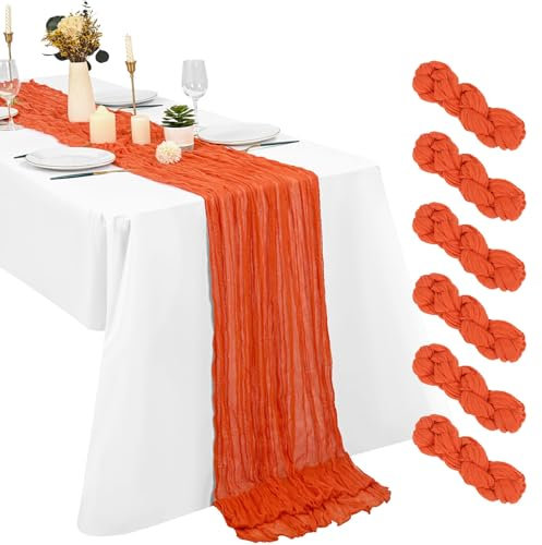 6 Stück Orange Seihtuch Tischläufer 3 m Boho Gaze Tischläufer 55 x 300 cm rustikal romantisch Langer Tischläufer für Hochzeit Party Brautparty Erntedankfest Weihnachtsdekoration
