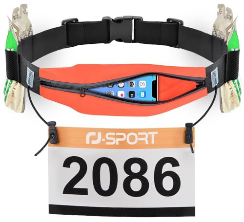RJ-Sport Laufgürtel für Handy - wasserdichte Lauftasche, Sportgürtel Hüfttasche, Triathlon Startnummernband Laufgurt mit Bauchtasche & Verstellbarem Gummiband & Nummernhalter &6 Gel-Halter (Orange)
