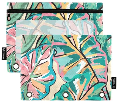 Fustylead Federmäppchen mit tropischen Sommerblättern, Wasserfarben, großes Fassungsvermögen, passend für 3-Ringbücher, wasserdichtes Federmäppchen mit transparentem Fenster für Kosmetik, Bürobedarf,