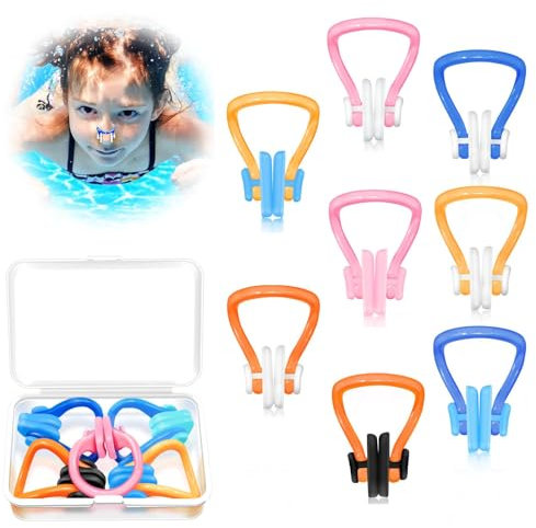Nayyana Lot de 8 pinces de nez pour natation - Pour enfants (à partir de 7 ans) - Pince-nez pour adultes avec boîte de rangement - Pince-nez étanches pour la natation, la plongée