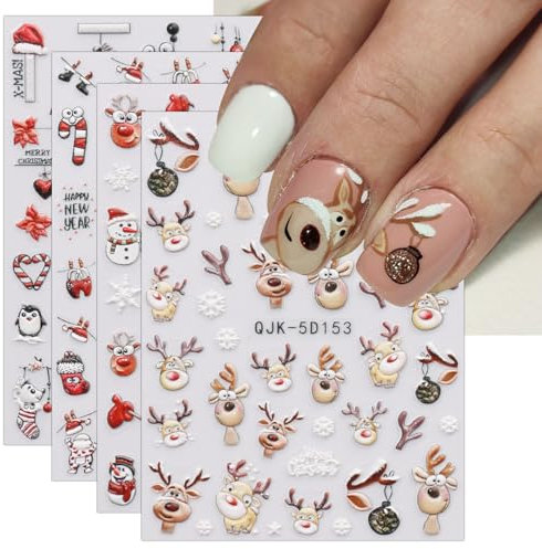 5D Nagelsticker Weihnachten, 4 Blatt 5D Selbstklebend Nagelaufkleber Stereoskopisch Nail Art Sticker Dekoration Nageldesign Zubehör