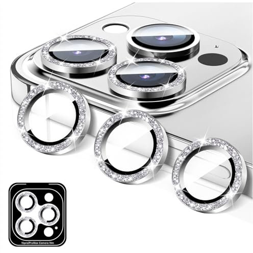 LucBuy Kamera Schutz Kompatibel für iPhone 13 Pro/13 Pro Max, Glitzer 9H Hartglas Kamera-Abdeckung Filmaufkleber, Automatisch Ausrichtende Einzelne Metallringe, Glänzendes Handyzubehör