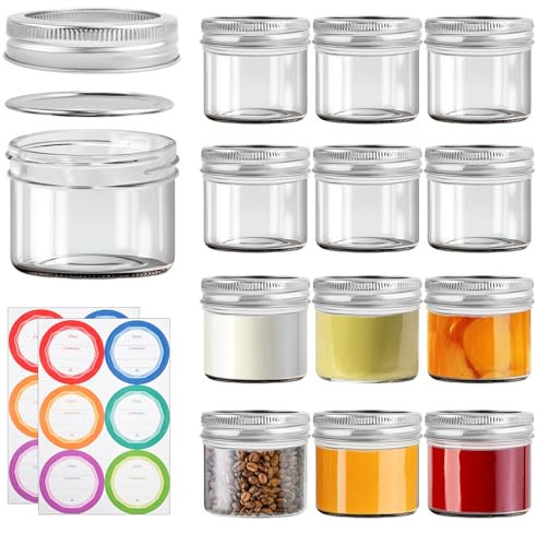 12 Pièces Pot Mason en Verre Avec Couvercle, 100ML Mini Bocaux Mason, Pot à Confiture en Verre avec Couvercle et Étiquettes, Petit Bocaux en Verre pour Pimenter Confiture Gelée Dessert Yaourt