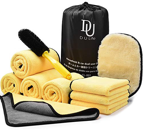 DU Life 10Pcs Car Cleaning Kit with Bag, Microfibre Washing Towels Double Sided Thickened Exterior Drying Towel, Wheel Cleaning Brush, Car Wash car valeting kit Mitt for Exterior and Interior Car Care
