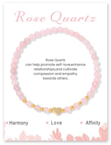 Onperpoe Perlen Rosenquarz Armband Beste Freundin Geschenke Elastizität Edelstein Armband Perlenarmband Damen 4mm Heilsteine Armband Damen mit Liebesanhänger Geburtstagsgeschenk für Beste Freundin