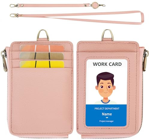 Wason Porta badge in pelle con portafoglio tasca cerniera cordino da collo staccabile, cinturino da polso rimovibile tracolla e bobina retrattile carte multiuso per badge permesso (Rosa)