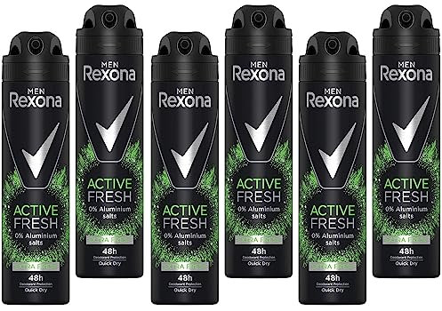 6x Rexona Men Deo Spray Active Fresh-0% Aluminiumsalze mit herb-frischem Duft Anti-Transpirant mit 48 Stunden Schutz gegen starkes Schwitzen und Körpergeruch,150 ml (6er Pack)