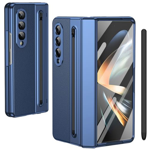 Funda para Galaxy Z Fold4 con lápiz y Ranura para lápiz, Protector de Pantalla Templado + Funda de Cuero con protección de bisagra para Samsung Galaxy Z Fold4-Azul