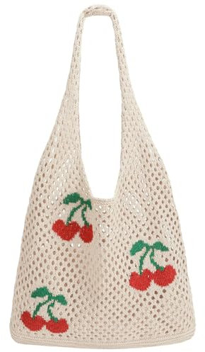 SUOSDEY gehäkelte Mesh Strand Tote Bag, Sommer Urlaub Ästhetische Strick Boho Umhängetasche für Frauen beige
