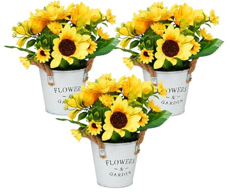 Relaxdays künstliche Sonnenblumen im Topf, 3er Set Kunstblumen wie echt, Kunstpflanzen, unechte Dekopflanzen, gelb/weiß