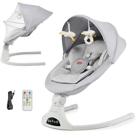 Kinderkraft TULSY Sdraietta Elettrica per Bambini, 5 Livelli di Intensità, 12 Melodie Preimpostate, Giocattoli Rimovibili, Regolabile, Leggera, Bluetooth e USB, Cintura a 5 Punti, Grigio