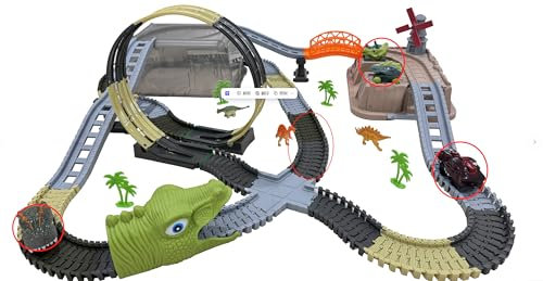 TUMAMA Pista De Coches Dinosaurio para Automóviles, 255pcs Circuito Pistas Carreras De Electrico Coche Juguetes Tener 2 Vehículos, Flexible Tren Juego De Carrera y 360 Anillo Niños 3 4 5 6 7 8 Años