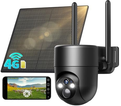 SEHMUA 4G LTE Cámara de Vigilancia Exterior con Panel Solar, PTZ 355°/90°, 2K Camara con Tarjeta SIM, Detección Humana PIR, Visión Nocturna, IP66 Impermeable, Audio Bidireccional