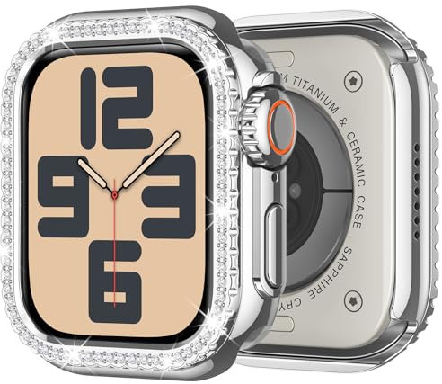 ZZDZZ Metál Funda Compatible con Apple Watch Series 6 SE 5 4 44mm con Contraportada, Bling Diamantes Parachoques de Protección Carcasa para Mujer, Plata