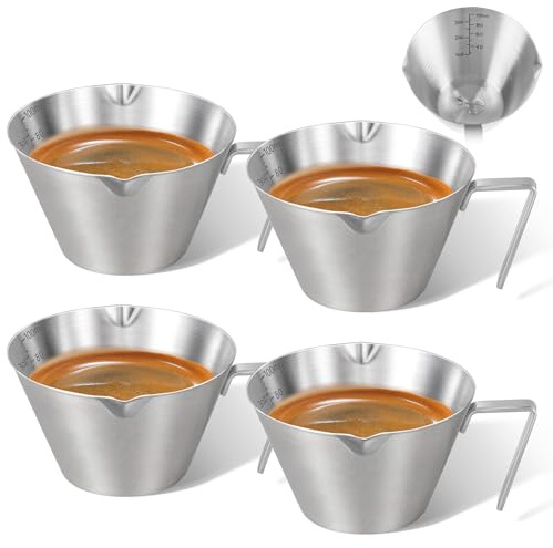carrottimes Jarra medidora para café expreso (100 ml, acero inoxidable 304) | Juego de 4 vasos de chupito de metal doble en forma de V y doble escala (plata)