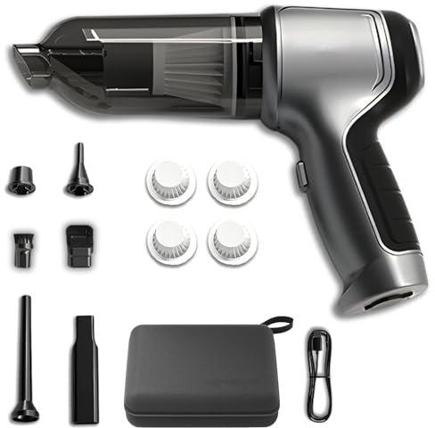 Aspirateur Vortex Compact Pro, Aspirateur de Voiture Sans fil à Main, Moteur Sans Balais Haute Puissance 12000PA, Avec Filtre Lavable et sac de Rangement (1x Silver Grey + 4 filtres + 1 sac EVA)