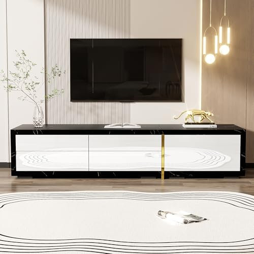Jaxenor Meuble TV de 140 à 260 cm de longueur variable, avec fonction rotative, aspect marbre noir, meuble TV pour salon, finition blanche brillante mate, blanc + noir