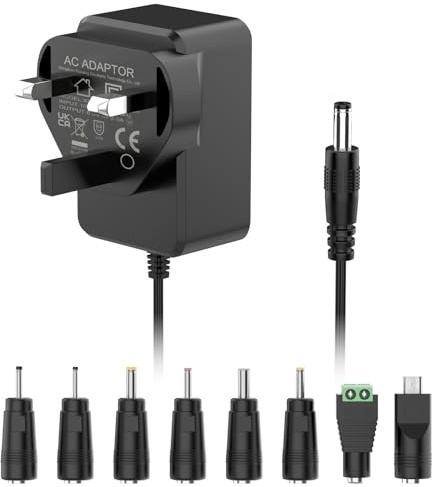 6V 2A 12W Power Supply UK Plug, AC to DC Adapter with 8 Tips | 6V 2A 12W UK Power Supply, Fits Omron Blood Pressure Monitor, Baby Swing, Kids Ride-on Toy, 8 DC Tips, Micro USB, 1.8M Cable