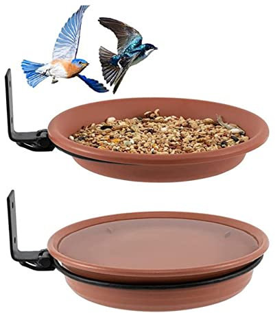 2 Pcs Fence Bird Feeder Bath Trays For Outside, 8.27 Heavy Duty Wall Tree Mounted Plastic Bird Feeding Station with 2 Metal Holder for Outdoor Garden Decor