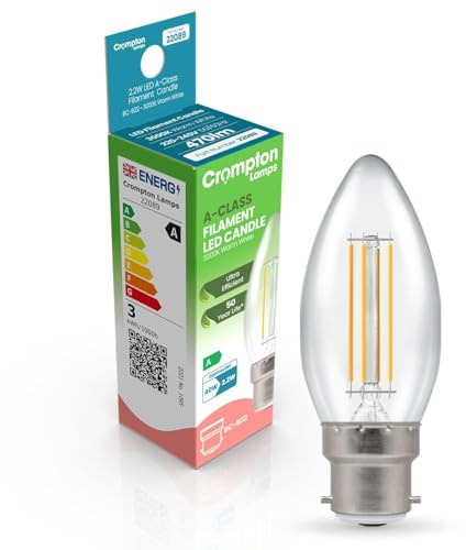 Crompton Lamps LED Ultra-Efficient Candle 2.2W BC-B22d A-Class (40W Equivalent) 3000K Warm White Clear 470lm BC Bayonet B22 A-Rated Light Bulb