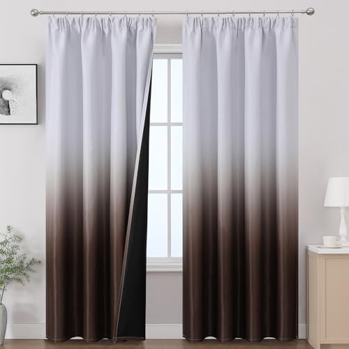 VEHEDE Braun und Weiß Ombre Blackout Vorhänge, 140cm Breit Raum Verdunkelung Vorhänge, 2er Set Thermisch Isoliert Schiebe Vorhang für Schlafzimmer, H244 x B140 cm