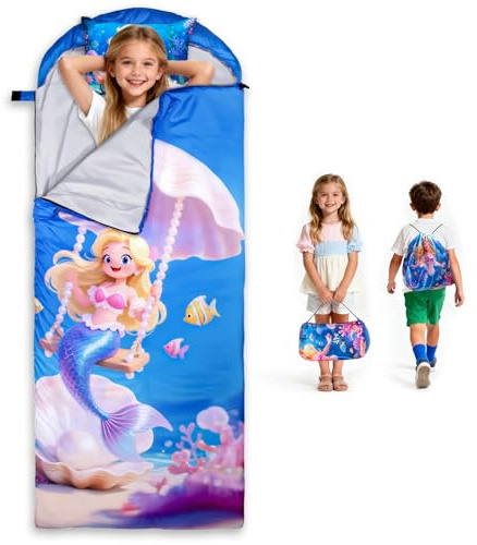 ETGLCOZY Kinder-Schlafsack mit Kissen – größere Kleinkind-Schlafmatte – Schlummersack für Mädchen und Jungen, waschbar, aufrollbar, perfekt für Camping, Rucksackreisen, Kindertagesstätte, Vorschule