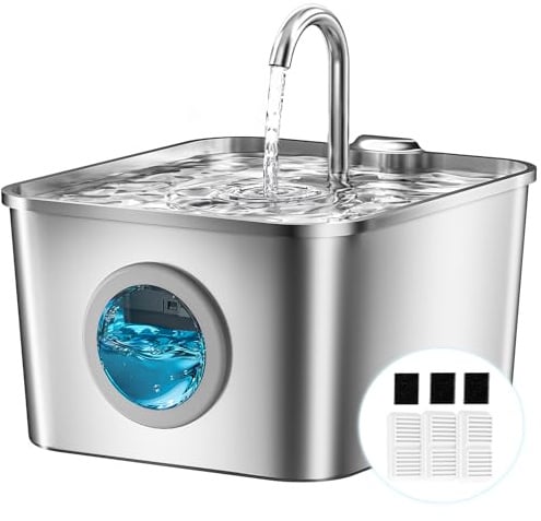 Fuente para Gatos Acero Inoxidable - 2,6L Bebedero Gatos Automatico Estilo Grifo Súper Silenciosa con Cable, Cuádruple Filtración, Fácil de Limpiar, con LED 3 Filtros y 3 Esponjas