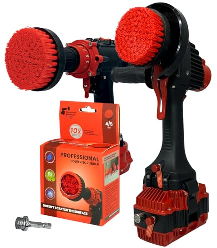 Kornely Premium Drill Brush, Stiff 2in1 10cm, Red, Outdoor and Garden | 10x efficient, scratch-free, Pro series for drills (adapter 6mm), angle grinder M14 direct, patio, decking, terrace