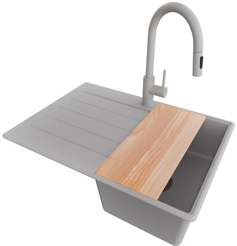 PRIMAGRAN Granitspüle ab 40er Unterschrank + Küchenarmatur, 70x50cm | Set: Küchenarmatur BW9010 + Ablauf-Set + Schneidebrett + Spülbecken 1 Becken - Kopenhagen Top, Grau