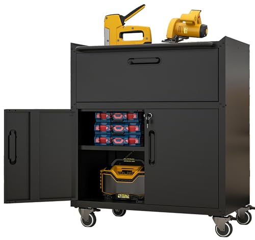 IKIMI Mobile Tool Storage Cabinet with 1 Drawer and 2 Doors,Heavy Duty Rolling Tool Chest for Garage Organization,Metal Storage Cabinets on Wheels,Assembly Required