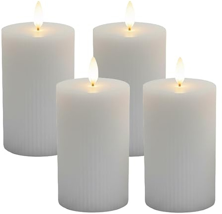 Relaxdays LED Kerzen, 4er Set, HxD: 13 x 7,5 cm, flackernde Flamme, Echtwachs, Rillen, flammenlose Blockkerzen, hellgrau
